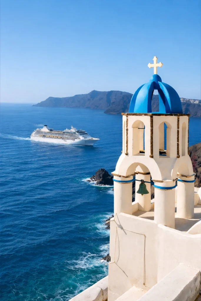Santorini und ein Kreuzfahrtschiff