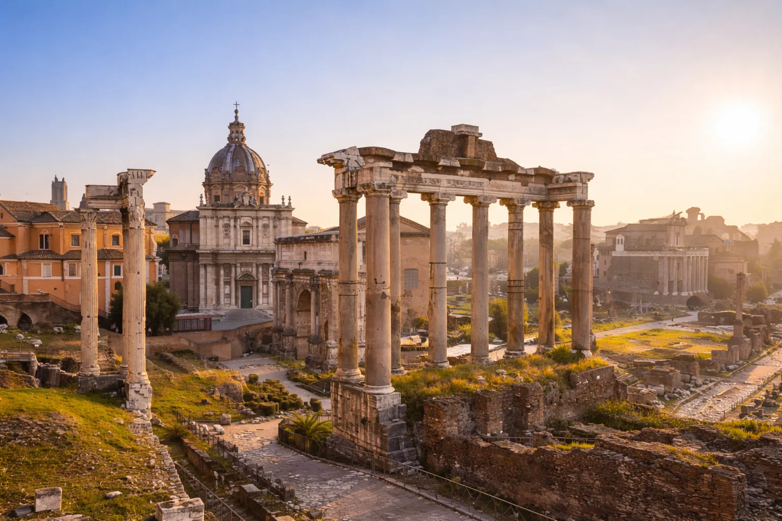 Forum Romanum Rzym wschód słońca ruiny kolumny Włochy