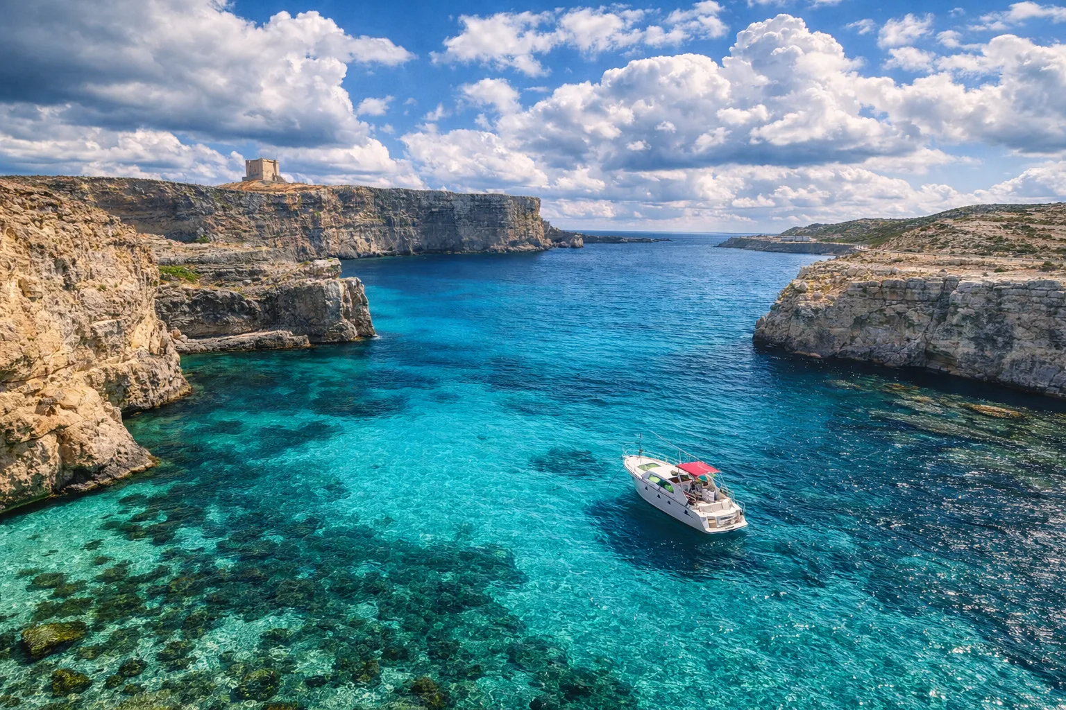 Comino Malta Blue Lagoon turkusowa woda klify łódka zatoka